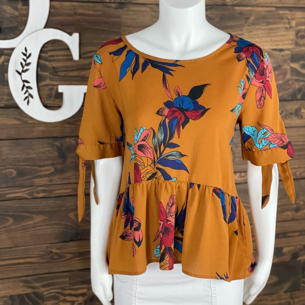 Burnt Orange Rust Floral Babydoll High Low Peplum Blouse Tie Sleeves Short‎